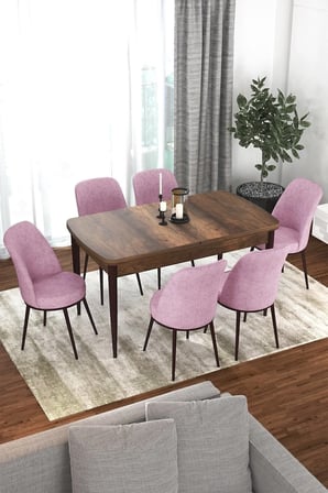 Kor Serisi 70x114 Açılabilir Mutfak Masası Takımı Barok Desen Masa 6 Pembe Sandalye