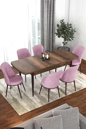 Kor Serisi 70x114 Açılabilir Mutfak Masası Takımı Barok Desen Masa 6 Pembe Sandalye
