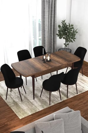 Kor Serisi 70x114 Açılabilir Mutfak Masası Takımı Barok Desen Masa 6 Siyah Sandalye