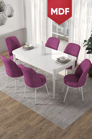 Kor Serisi 70x114 Açılabilir MDF Mutfak Masası Takımı Beyaz Masa 6 Mor Sandalye