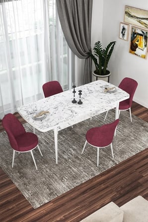 Kor Serisi 70x114 Açılabilir Mutfak Masası Takımı Beyaz Mermer Desen Masa 4 Bordo Sandalye