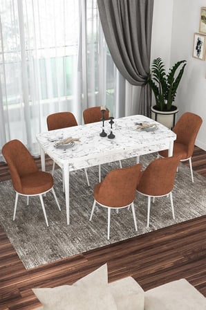 Kor Serisi, Beyaz Mermer Desen 70x114 Açılabilir Yemek Masa Takımı,6 Kiremit Sandalye