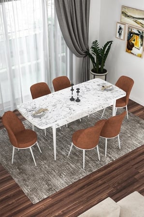 Kor Serisi, Beyaz Mermer Desen 70x114 Açılabilir Yemek Masa Takımı,6 Kiremit Sandalye