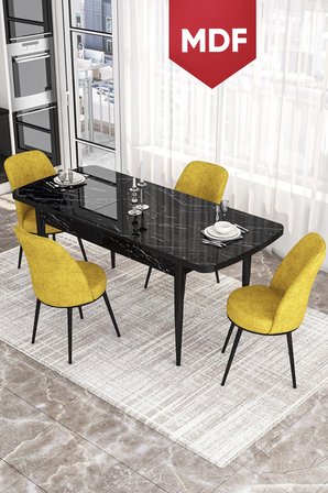 Kor Serisi 70x114 Açılabilir MDF Mutfak Masası Takımı Siyah Mermer Desen Masa 4 Hardal Sandalye