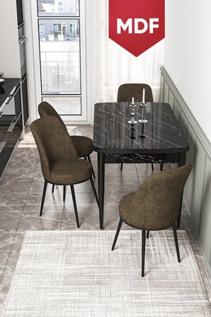 Kor Serisi 70x114 Açılabilir MDF Mutfak Masası Takımı Siyah Mermer Desen Masa 4 Kahverengi Sandalye