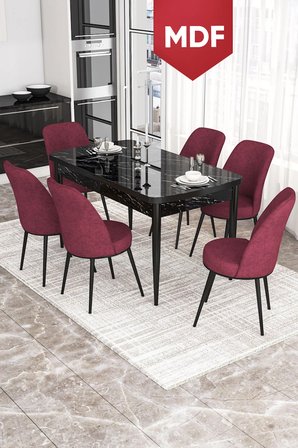 Kor Serisi, Siyah Mermer Desen MDF 70x114 Açılabilir Yemek Masası Takımı, 6 Sandalye