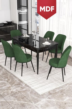 Kor Serisi, Siyah Mermer Desen MDF 70x114 Açılabilir Yemek Masası Takımı, 6 Sandalye