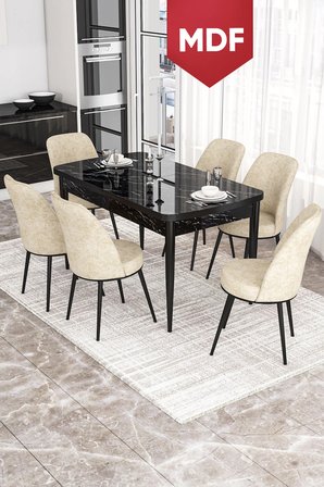 Kor Serisi, Siyah Mermer Desen MDF 70x114 Açılabilir Yemek Masası Takımı, 6 Sandalye