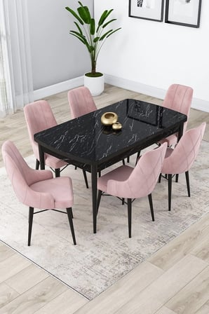 Lia Serisi 80x132 Açılabilir Mutfak Masası Takımı Siyah Mermer Desen Masa 6 Pembe Sandalye