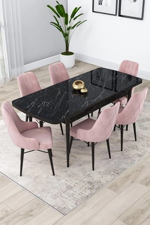 Lia Serisi 80x132 Açılabilir Mutfak Masası Takımı Siyah Mermer Desen Masa 6 Pembe Sandalye