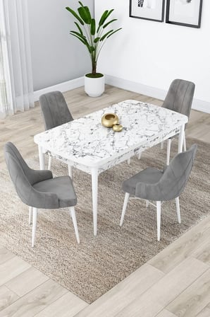 Kar Serisi, Beyaz Mermer Desen Açılabilir Mdf 80x132 Yemek Masası Takımı 4 Antrasit Sandalye