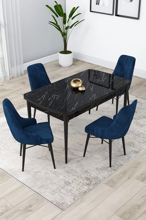 Lia Serisi 80x132 Açılabilir Mutfak Masası Takımı Siyah Mermer Desen Masa 4 Lacivert Sandalye