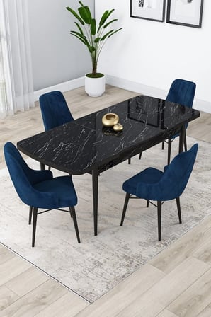 Lia Serisi 80x132 Açılabilir Mutfak Masası Takımı Siyah Mermer Desen Masa 4 Lacivert Sandalye