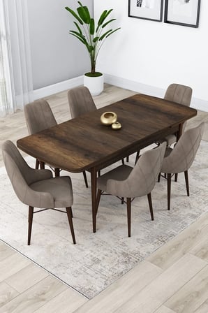 Lia Serisi Barok Ahşap Desen Masa Açılabilir 80x132 Yemek Masası Takımı 6 Cappucino Sandalye