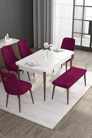 Noa Serisi 80x132 Açılabilir Mdf Beyaz Masa Ceviz Ayak Masa Takımı 4 Mürdüm Sandalye Ve 1 Bench