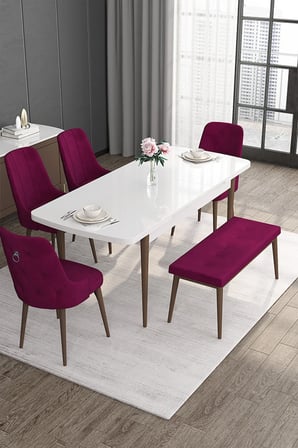 Noa Serisi 80x132 Açılabilir Mdf Beyaz Masa Ceviz Ayak Masa Takımı 4 Mürdüm Sandalye Ve 1 Bench
