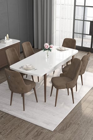 Noa Serisi 80x132 Açılabilir Mdf Beyaz Masa Ceviz Ayak Masa Takımı 6 Kahverengi Sandalye