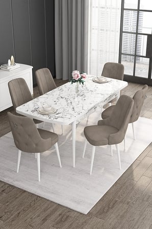 Noa Serisi 80x132 Mdf Açılabilir Beyaz Mermer Desen Masa Takımı 6 Cappucino Sandalye