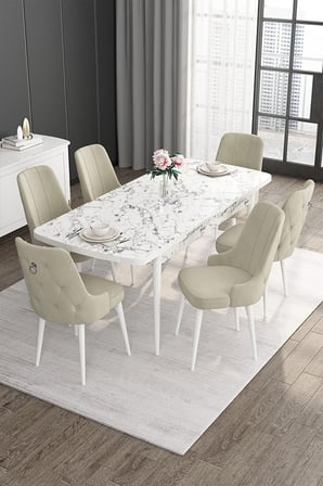 Noa Serisi 80x132 Mdf Açılabilir Beyaz Mermer Desen Masa Takımı 6 Krem Sandalye