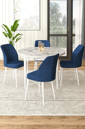 Rox Serisi 90x90 Beyaz Mermer Desenli Sabit Masa Takımı Ve 4 Lacivert Sandalye
