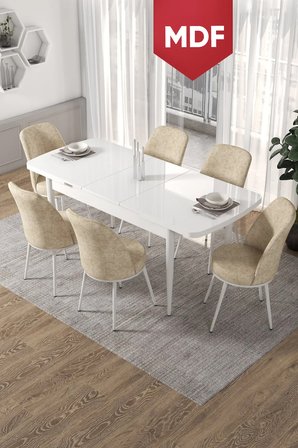 Via Serisi 80x132 MDF Açılabilir Mutfak Masası Takımı Beyaz Masa 6 Krem Sandalye