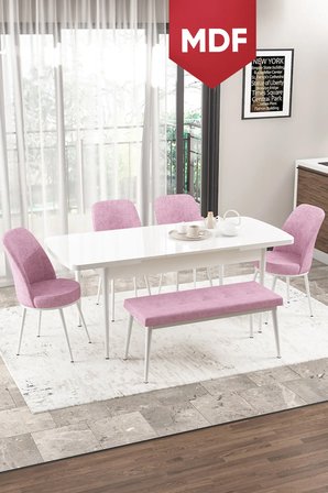 Via Serisi, MDF Beyaz Benchli Yemek Masası Takımı 4 Pembe Sandalye 1 Pera Bench