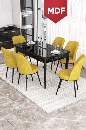 Via Serisi MDF 80x132 Açılabilir Mutfak Masası Takımı Siyah Mermer Desen 6 Hardal Sandalye