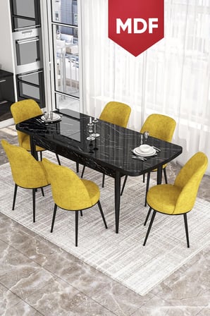 Via Serisi MDF 80x132 Açılabilir Mutfak Masası Takımı Siyah Mermer Desen 6 Hardal Sandalye
