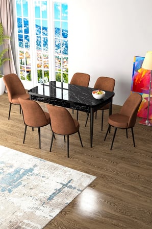Zen Serisi 80x132 Mdf Açılabilir Siyah Mermer Desen Masa Takımı Ve 6 Kiremit Sandalye