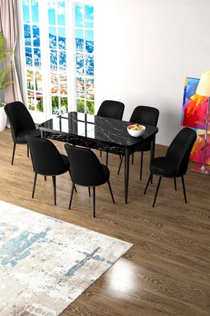 Zen Serisi 80x132 Mdf Açılabilir Siyah Mermer Desen Masa Takımı Ve 6 Siyah Sandalye