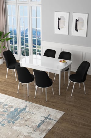 Zen Serisi 80x132 Mdf Açılabilir Beyaz Masa Takımı Ve 6 Siyah Sandalye