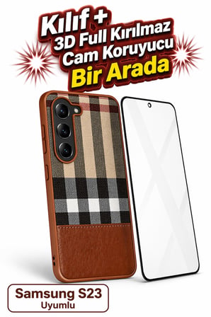 Samsung S23 (Sm-S911B) Plaid Kapak Kilif / Ekran Koruyucu- Kahverengi̇