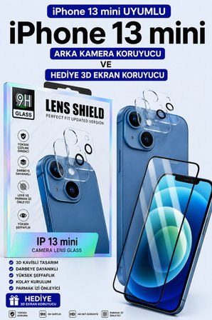 İPhone 13 Mi̇ni̇ Uyumlu Arka Kamera Koruyucu+ Full Ekran Koruyucu Seti̇