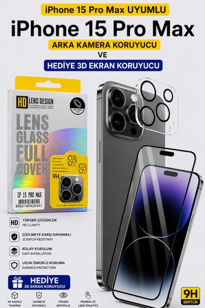 İPhone 15 Pro Max Uyumlu Arka Kamera Koruyucu+ Full Ekran Koruyucu Seti̇
