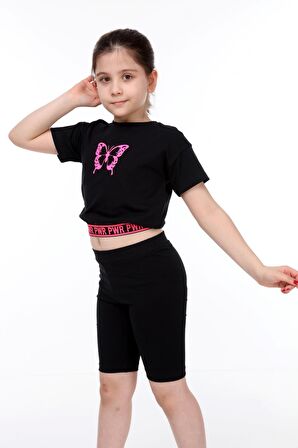 neslice Kız Çocuk Kelebek Baskılı T-Shirt SİYAH-5-6 Yaş