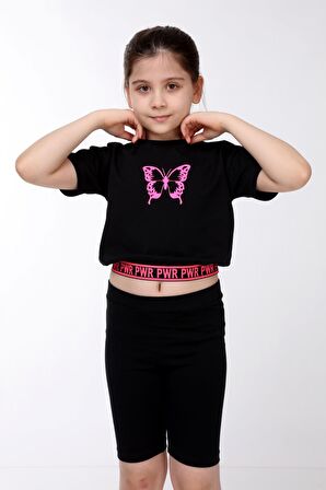 neslice Kız Çocuk Kelebek Baskılı T-Shirt SİYAH-5-6 Yaş