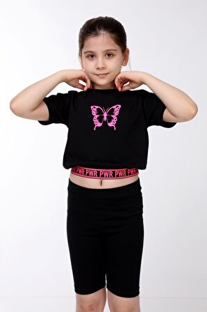 neslice Kız Çocuk Kelebek Baskılı T-Shirt SİYAH-7-8 Yaş