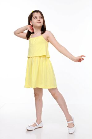 neslice Kız Çocuk Askılı Çift Katlı Elbise  5-6 Yaş-SARI