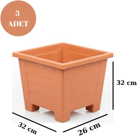 Balkon Saksı Bahçe Saksısı Orta Boy Kare Saksı 15 Litre 3 Adet 26x32x32 Kahverengi