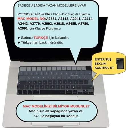 MacBook Klavye Koruyucu Silikon Kılıf Türkçe Q Baskılı UK-Ters L-Enter Tipi Air 13,6-15,3 inç Pro 14,2-16,2 inç M1-M2-M3-M4 Pro Max Uyumlu Yıkanabilir Siyah Gri