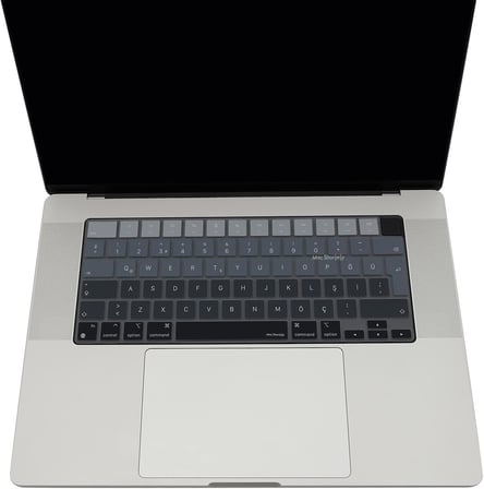 MacBook Klavye Koruyucu Silikon Kılıf Türkçe Q Baskılı UK-Ters L-Enter Tipi Air 13,6-15,3 inç Pro 14,2-16,2 inç M1-M2-M3-M4 Pro Max Uyumlu Yıkanabilir Siyah Gri