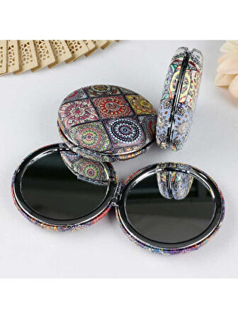 Otantik Mandala Tasarımlı Kozmetik Yuvarlak Cep Çanta Aynası Kapaklı El Makyaj Aynası 7CM 