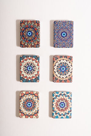 Otantik Mandala Tasarımlı Nazar Boncuklu Büyüteçli  Kozmetik Dikdörtgen Cep Çanta Aynası Kapaklı El Makyaj Aynası 