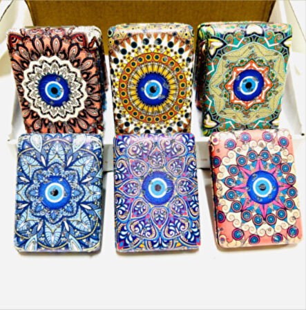 Otantik Mandala Tasarımlı Nazar Boncuklu Büyüteçli  Kozmetik Dikdörtgen Cep Çanta Aynası Kapaklı El Makyaj Aynası 