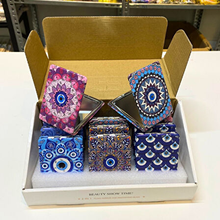 Otantik Mandala Tasarımlı Nazar Boncuklu Büyüteçli  Kozmetik Dikdörtgen Cep Çanta Aynası Kapaklı El Makyaj Aynası 