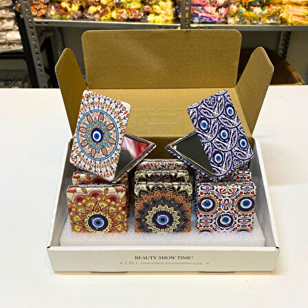 Otantik Mandala Tasarımlı Nazar Boncuklu Büyüteçli  Kozmetik Dikdörtgen Cep Çanta Aynası Kapaklı El Makyaj Aynası 