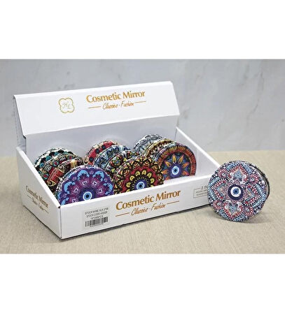 Otantik Mandala Tasarımlı Nazar Boncuklu Büyüteçli Kozmetik Yuvarlak Cep Çanta Aynası Kapaklı El Makyaj Aynası 7CM