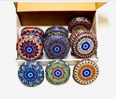 Otantik Mandala Tasarımlı Nazar Boncuklu Büyüteçli Kozmetik Yuvarlak Cep Çanta Aynası Kapaklı El Makyaj Aynası 7CM