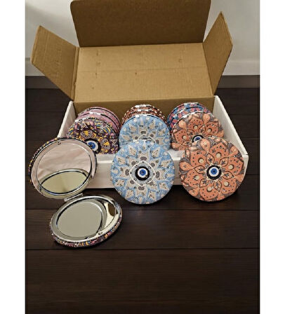 Otantik Mandala Tasarımlı Nazar Boncuklu Büyüteçli Kozmetik Yuvarlak Cep Çanta Aynası Kapaklı El Makyaj Aynası 7CM