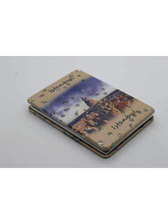 İstanbul Manzaralı Büyüteçli  Kozmetik Dikdörtgen Cep Çanta Aynası Kapaklı El Makyaj Aynası 